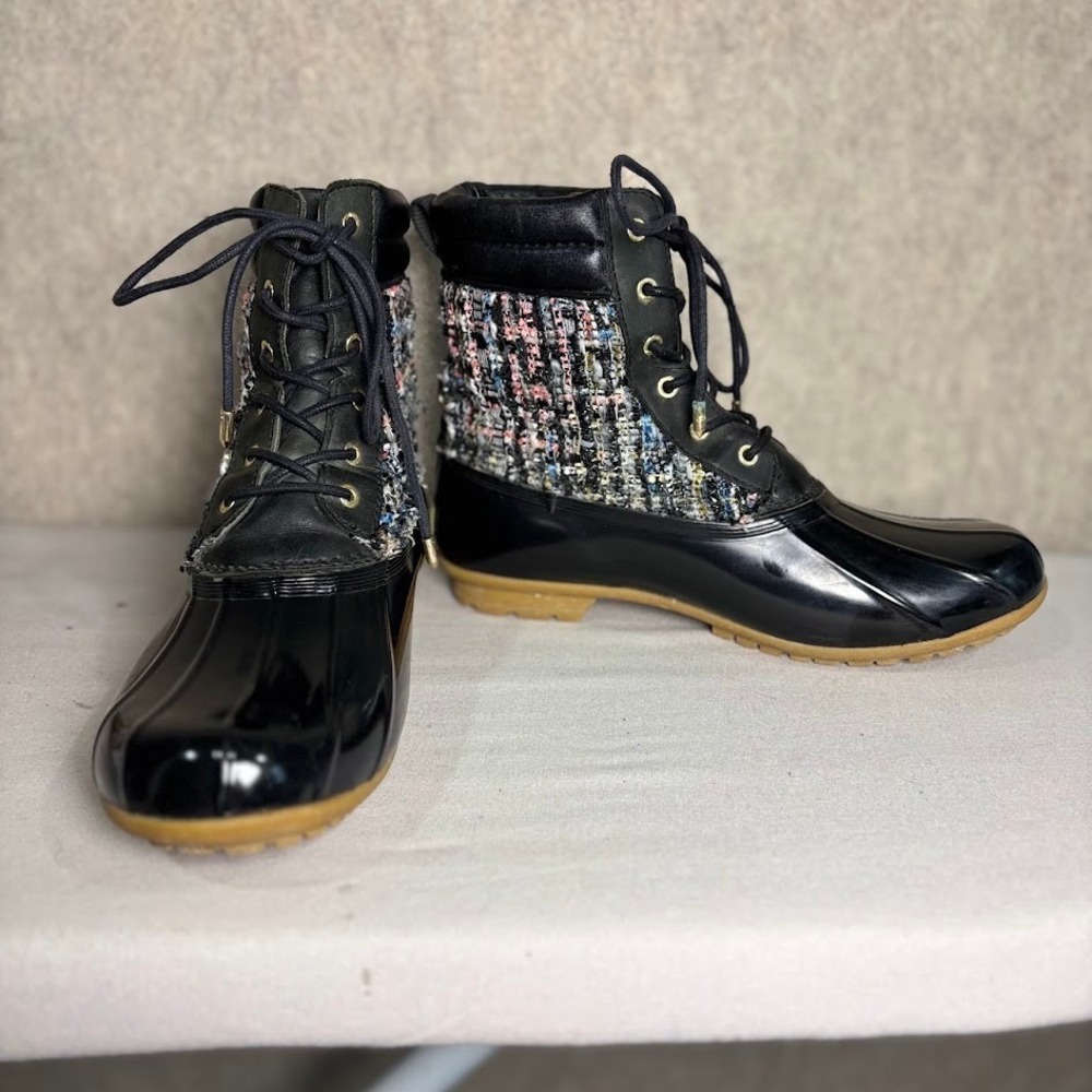 Sam Edelman Caldwell Duck Boots Womens 9 Black Tweed Textile Lace Up Winter Chic